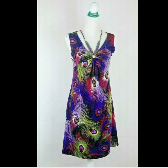 My Collection Sleeveless Dress Feather Pattern Blk - Picture 15 of 16